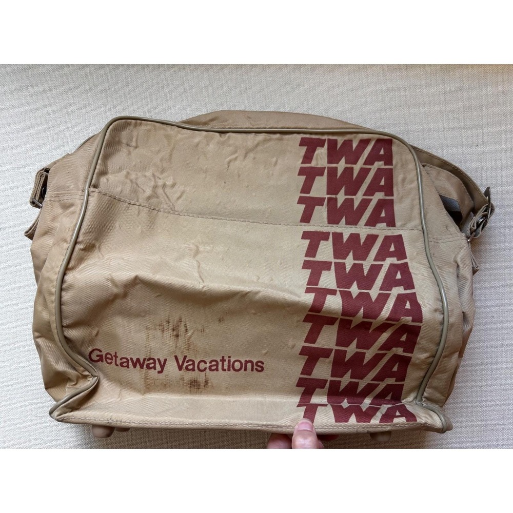 Vintage TWA Getaway Vacations Flight Bag Tan Canvas Messenger Retro Airline 70s